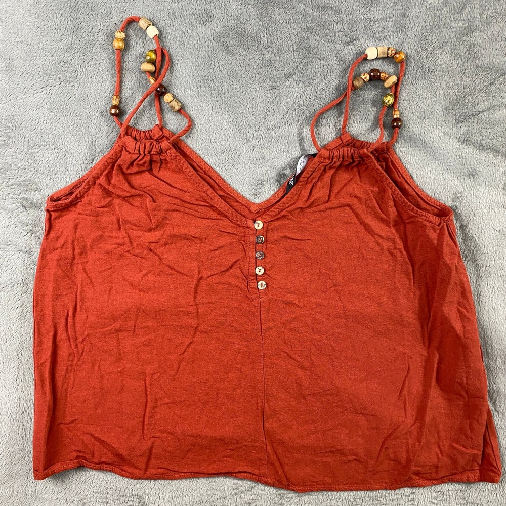 Zara Camisole Women L Rust Orange Beaded Strap Linen Blend Boho V-Neck Tank Top